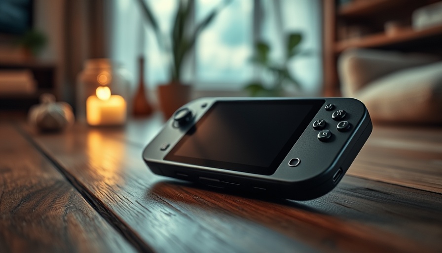 Small gaming handheld with colorful buttons on wooden surface.