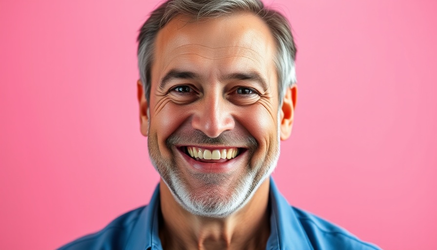 Cheerful man in blue shirt against pink backdrop.