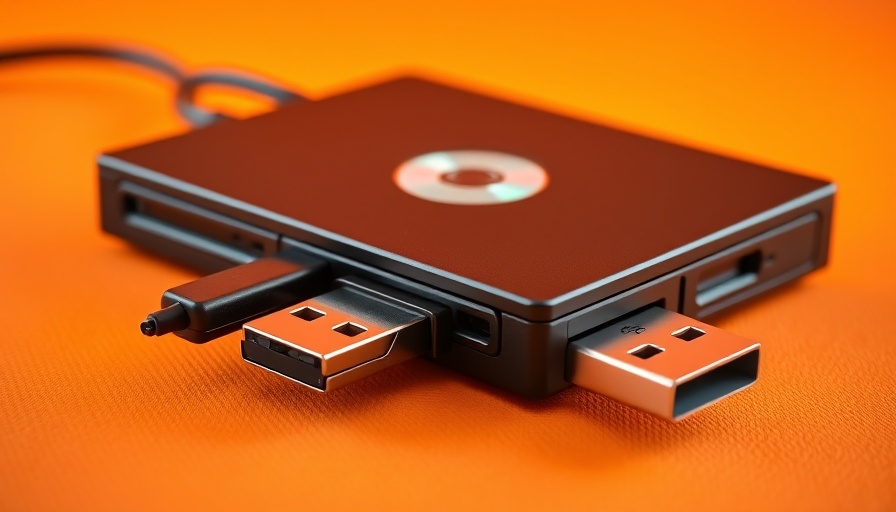 Sleek USB CD/DVD Drive on a gradient orange background.
