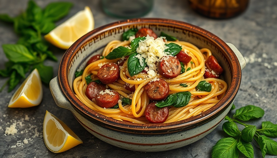 Hearty Italian sausage pasta in a rustic stone bowl with lemons.