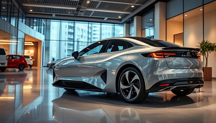 Sleek Chinese electric car in urban showroom, showcasing innovation.