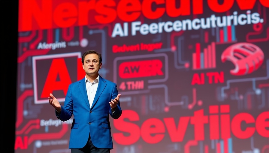 Speaker on stage discussing AI cybersecurity solutions