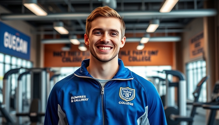 Dumfries and Galloway College student in gym showcasing success.