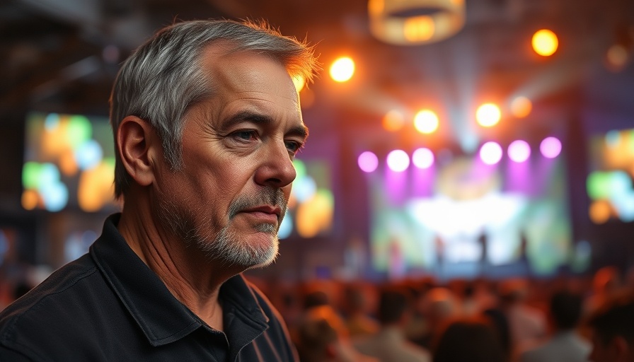 Serious discussion on evangelical liturgy with concert stage background.