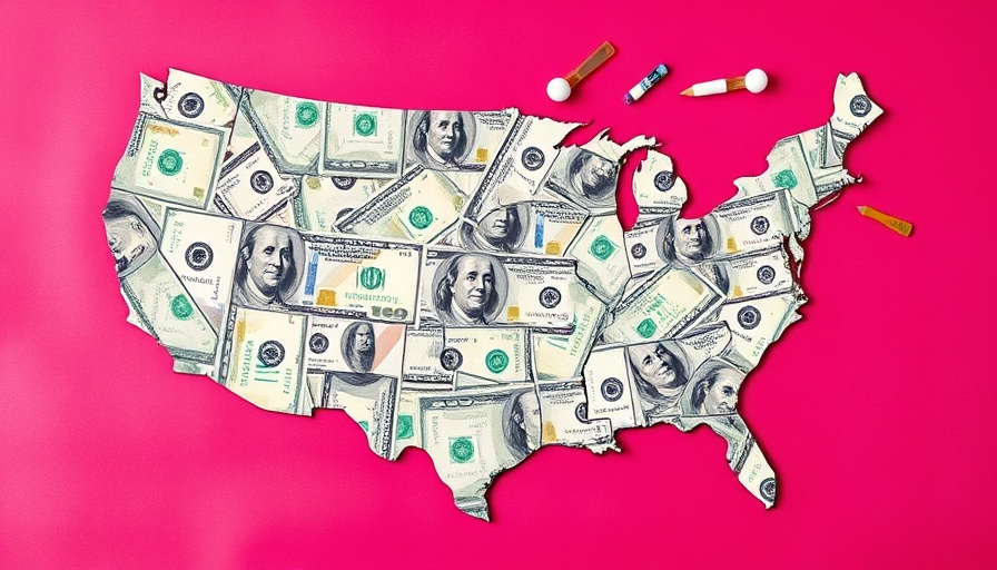 Collage of USA shaped by dollars and lab elements, measuring returns on R&D spending