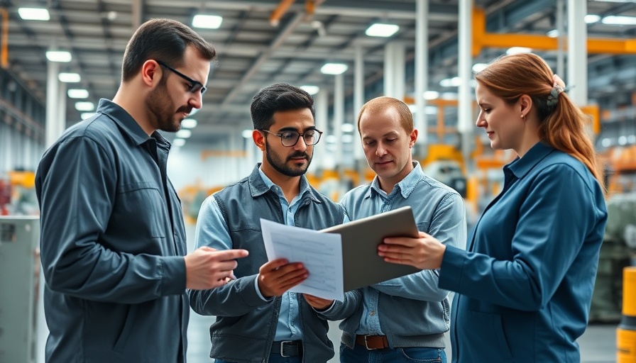 Team reviewing AI safety checklists for business on a tablet in a factory.