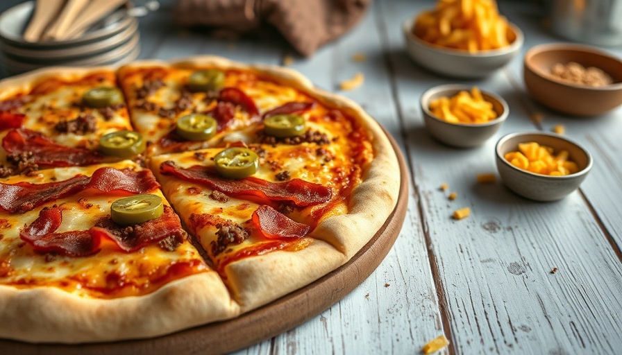 Bacon cheeseburger pizza recipe with toppings on a wooden table.