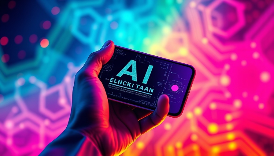 AI-generated text on smartphone in colorful illustration.