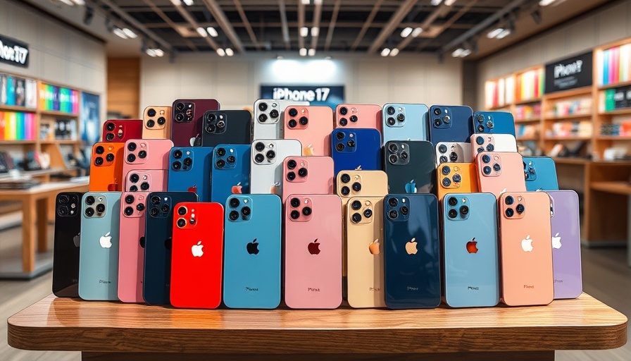 iPhone 17 colors displayed on a table in a retail setting.