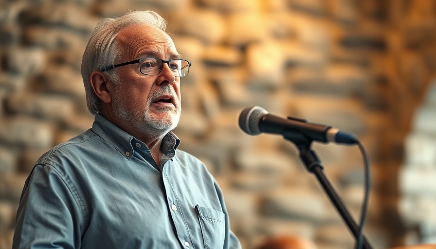 Elderly man speaking, standing confidently, warm ambiance.