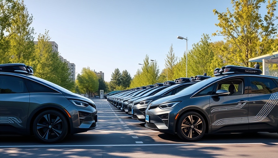 Futuristic robotaxi service in Arizona with cars at charging station.