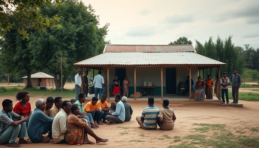 Community gathering in DRC near a rustic building