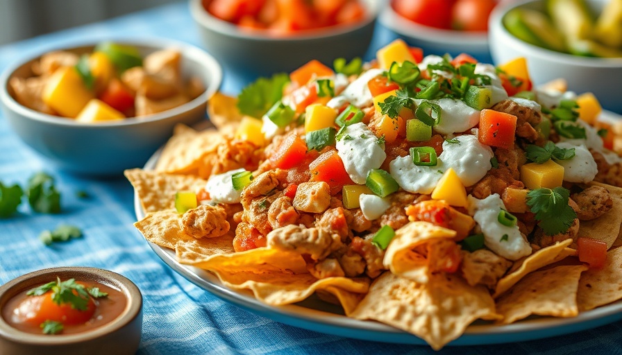 Vibrant platter of white chicken chili nachos with colorful toppings.