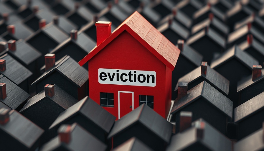 Graphic of a red house labeled 'eviction' surrounded by black houses, ban evictions for new tenants.