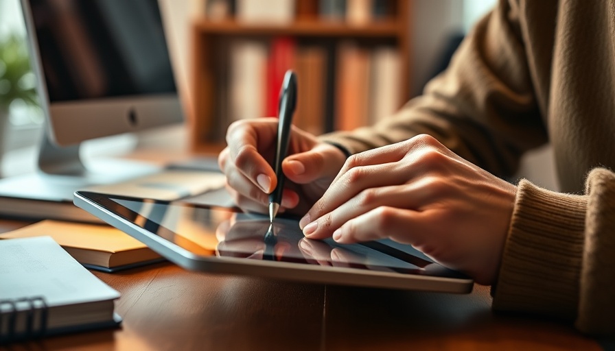 Close-up of hands writing on tablet in study environment