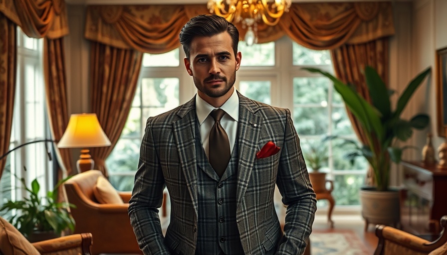 Stylish man in a living room with patterned curtains.