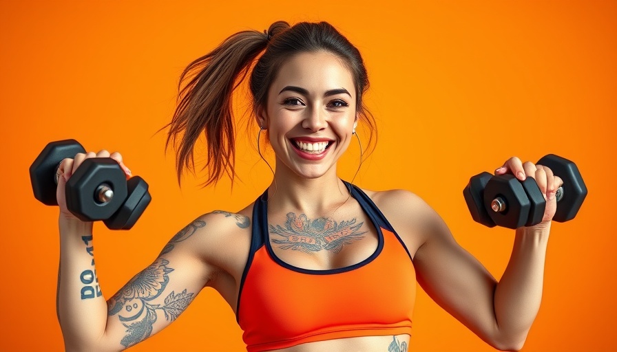 Fit woman lifting weights to build strong arms after 45, against orange.