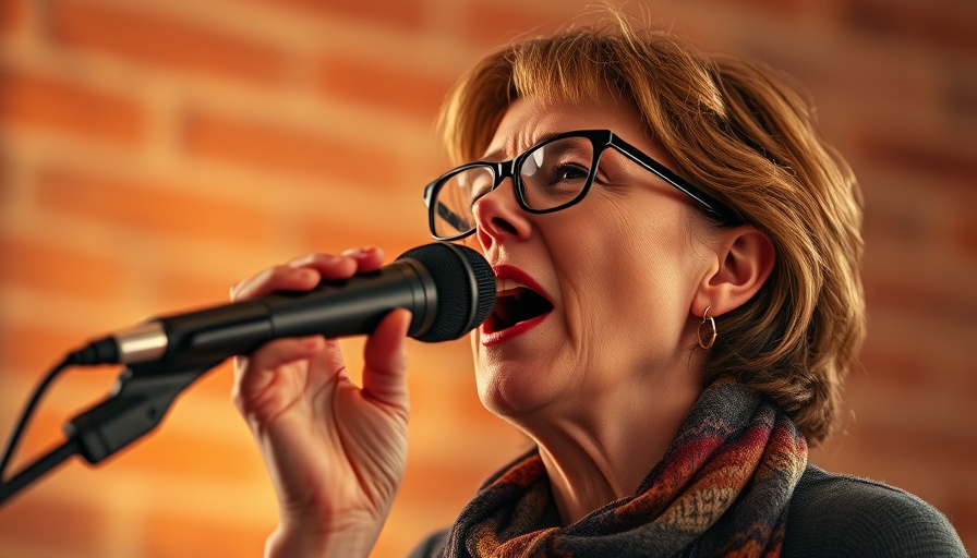 Middle-aged woman singing passionately in an intimate setting.