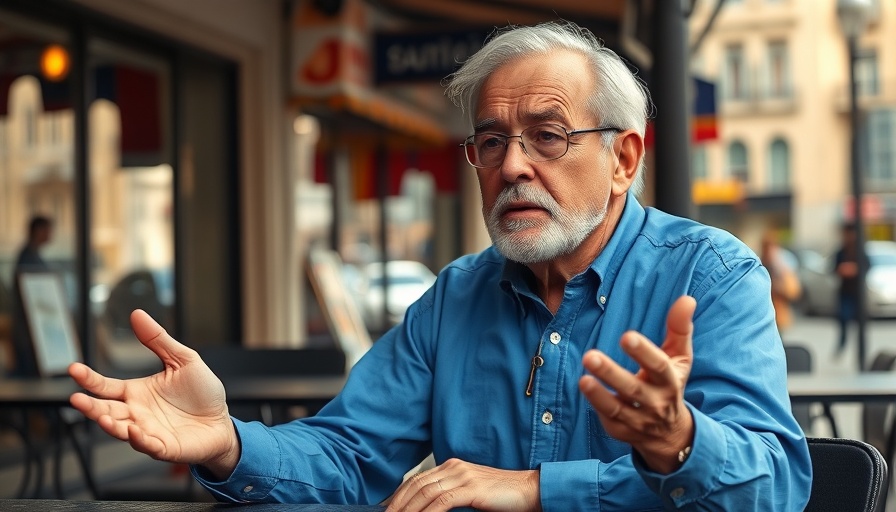 Older man in blue explaining why ban cash, seated outdoors.