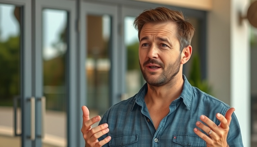 Casual man discusses topic outdoors near glass doors.