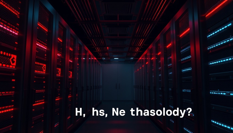 Dimly lit data center with red lights and AI theology question.
