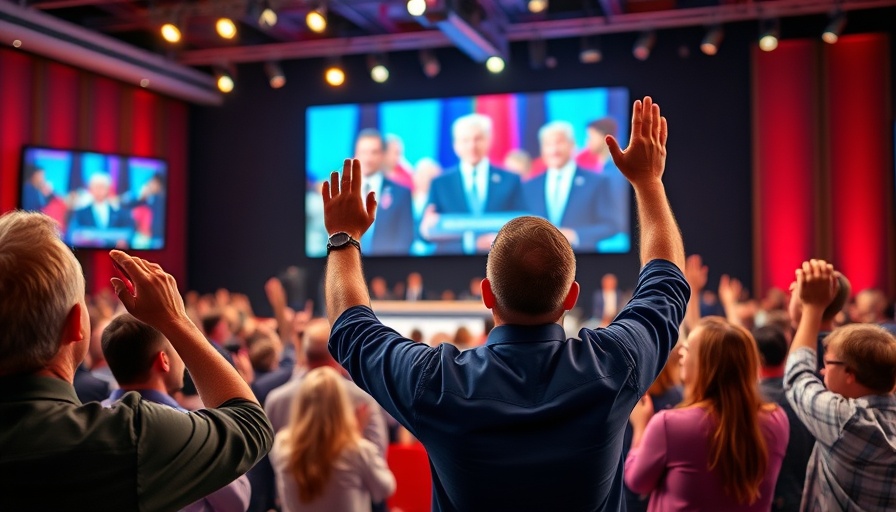 Confident speaker at conference, digital screen with political figures.