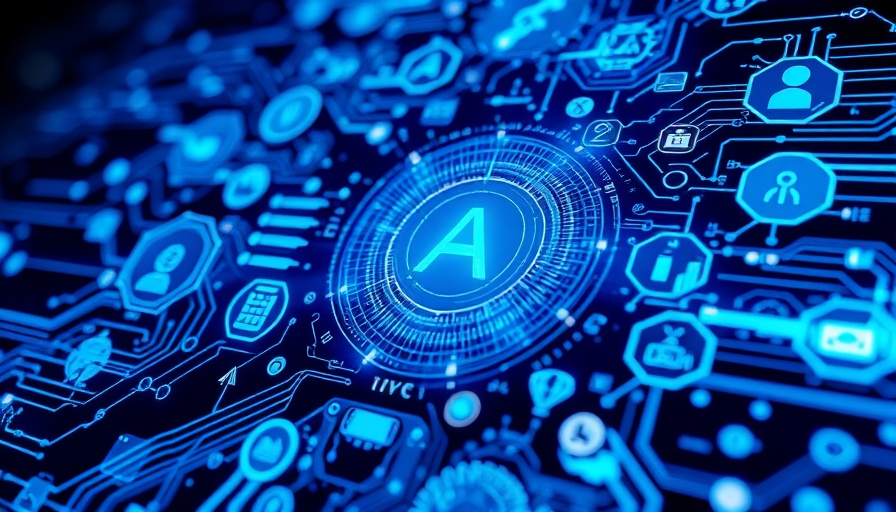 Abstract AI tools and business icons in a futuristic digital style.