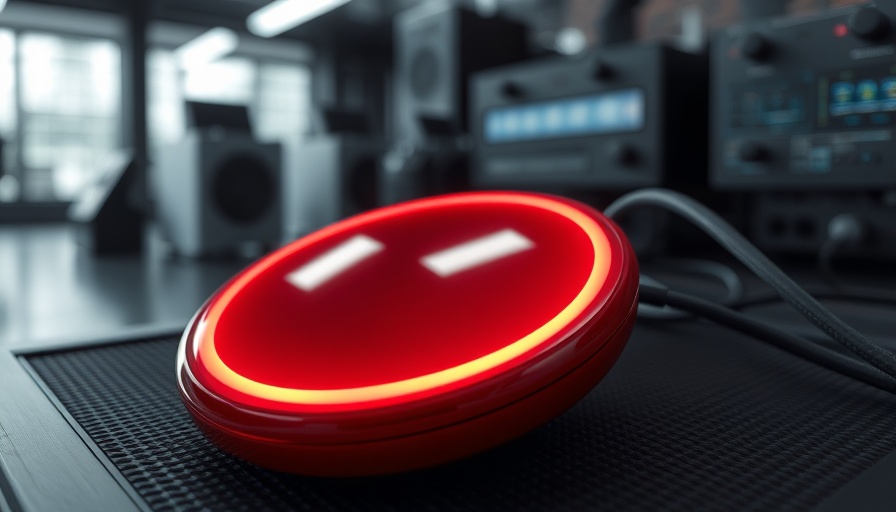 Sleek red circular device with glowing logo on table, showcasing new Snapdragon PC tech.