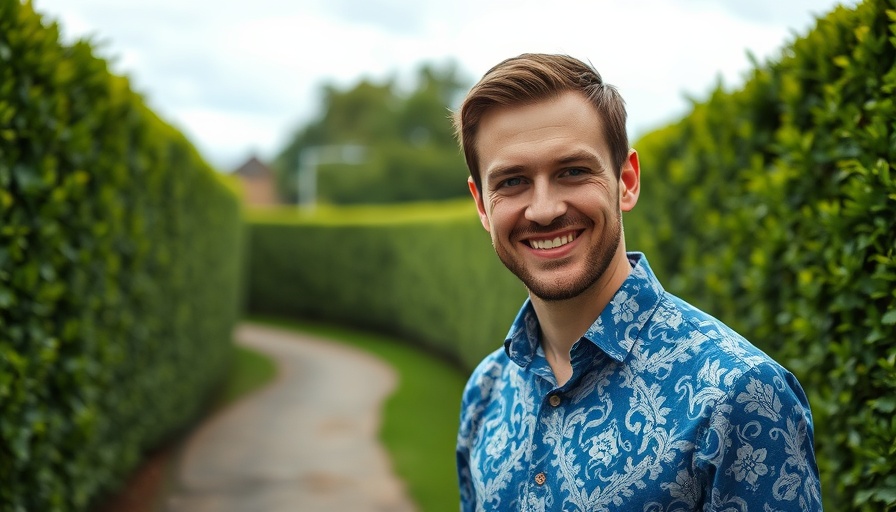 Man outdoors in green setting, efficient home heating winter theme.