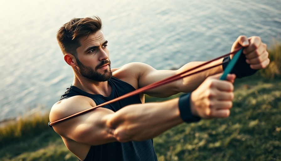 Athletic man doing posture exercises by a lake with resistance bands.