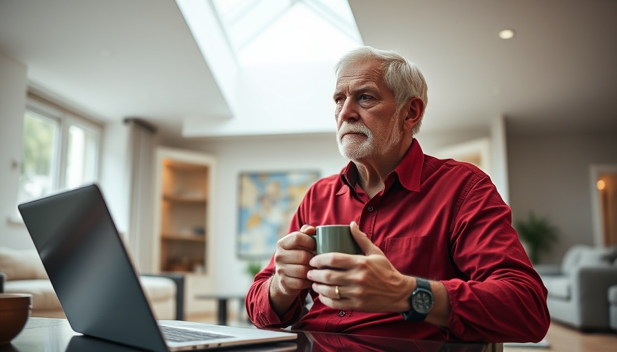 Thoughtful man in red shirt with laptop in bright room discussing economy.