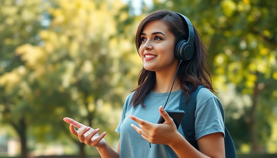 Young woman outdoors gesturing with headphones and phone.