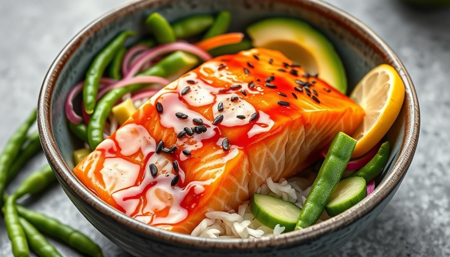 Vibrant and colorful teriyaki salmon bowl with fresh ingredients.