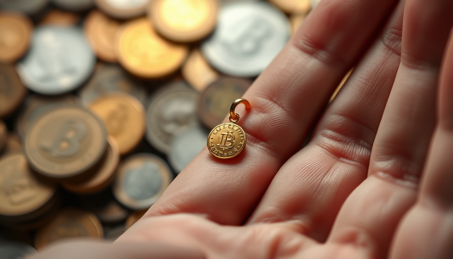 Hand holding gold pendant over coins, close-up view.