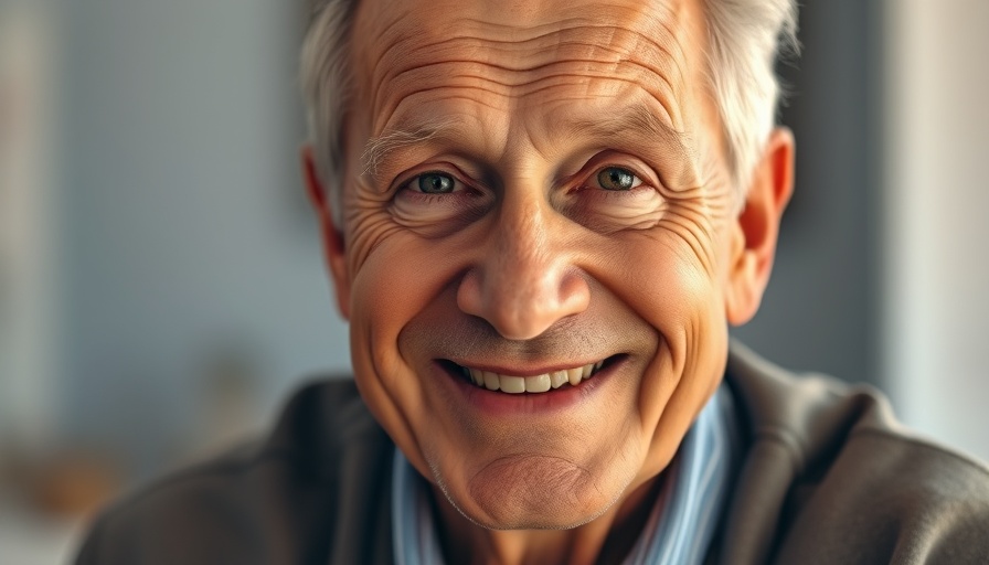 Older man smiling warmly indoors, highlighting energy efficiency.