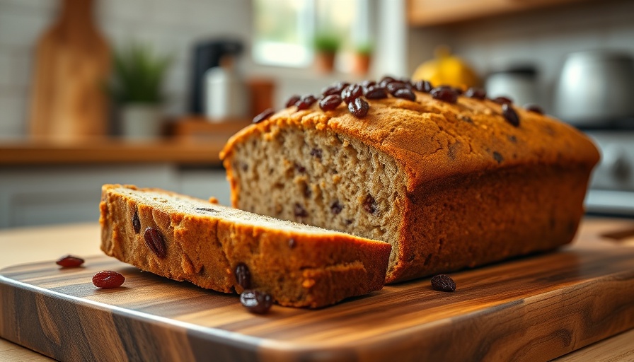 Healthy air fryer banana bread with raisins on wooden board.