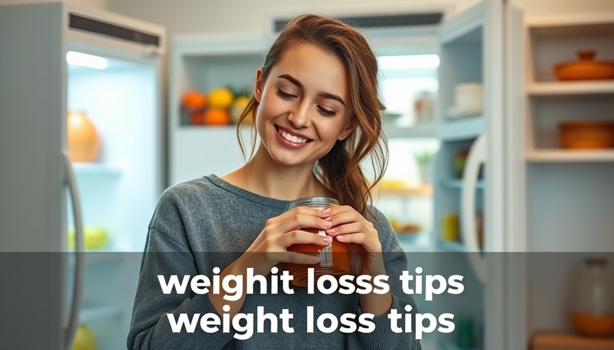 Young woman with jar near fridge, weight loss text.