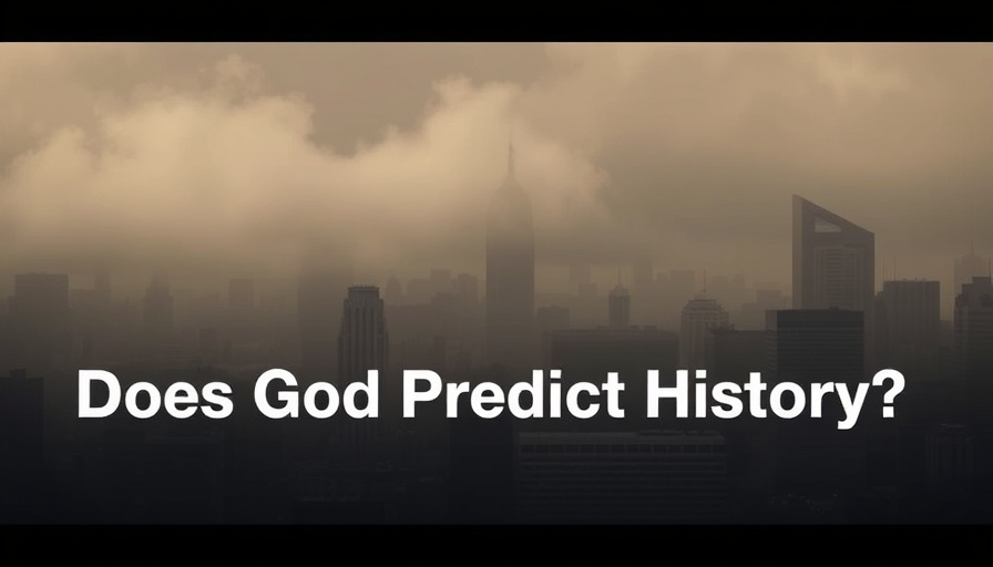 Foggy city skyline with text on God's promises and purpose.