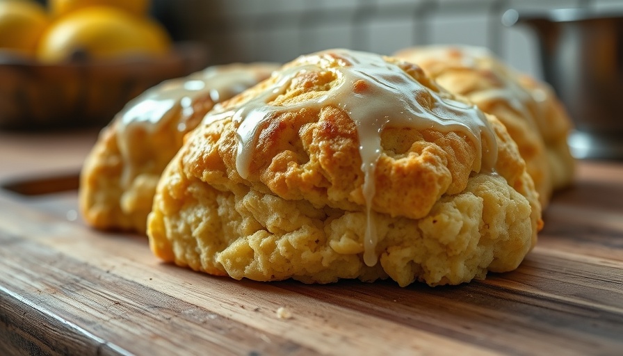 Freshly glazed lemon cottage cheese scones on a wooden board.