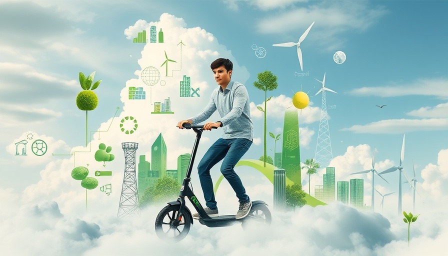 Futuristic eco-tech collage featuring clean energy elements with a young man on a scooter.