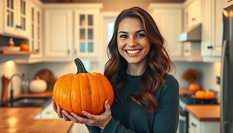 Cheerful woman displaying a budget-friendly autumn decor piece in a cozy kitchen.