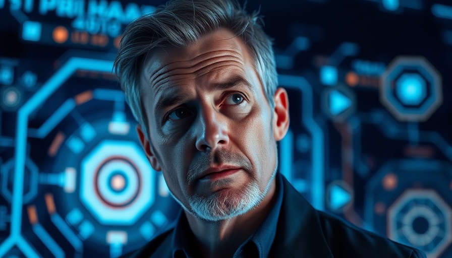 Man pondering if AI is just hype, with futuristic digital interface.