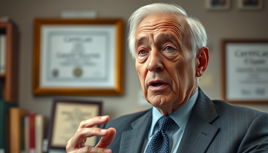 Elderly man speaking emphatically, office setting