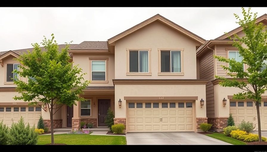 Modern suburban townhouse for sale with garage and potted plants.
