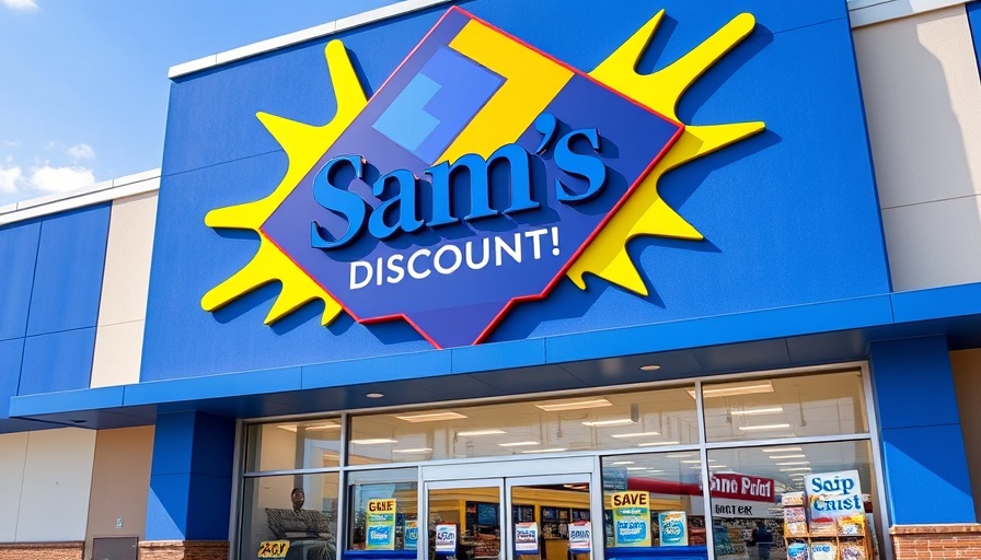 Sam's Club storefront with a pop-art discount sign displaying 'Deep Discounts!'