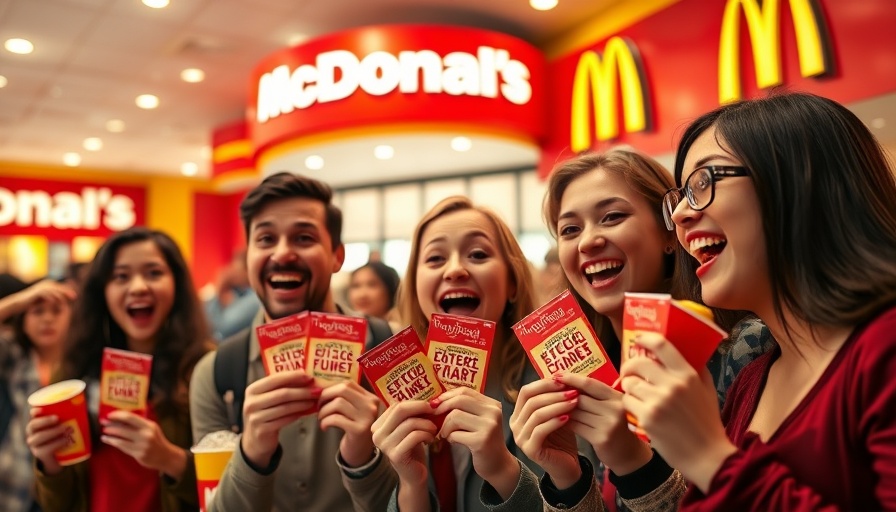 Thrilled customers at McDonald's with Monopoly tickets in hand.