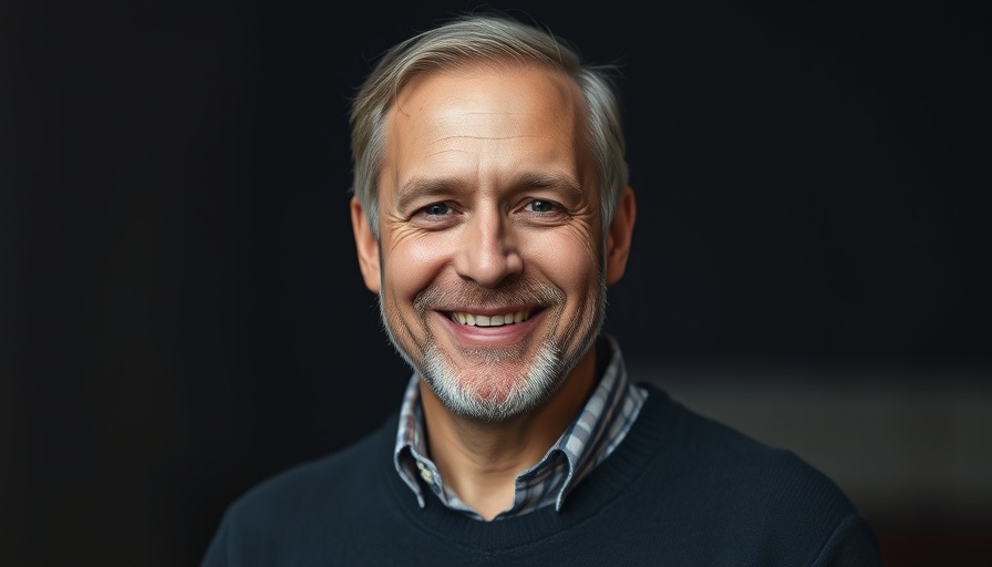 Smiling middle-aged man in dark sweater, blurred background.
