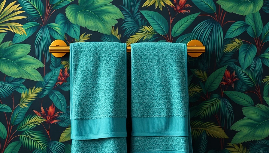Elegant teal towels against jungle wallpaper.
