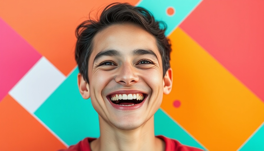 Cheerful person smiling with colorful geometric background, showing how design can reshape business.