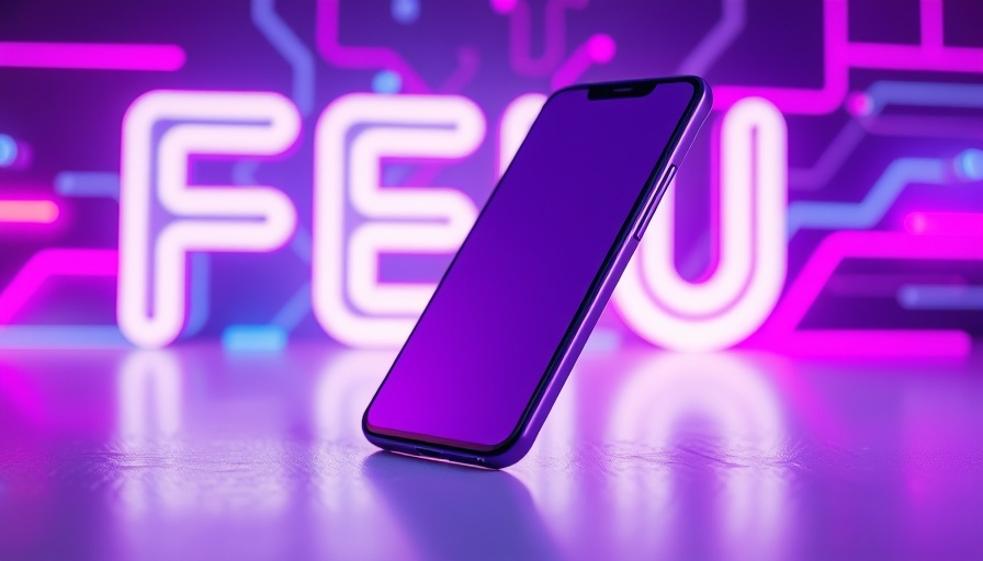 Sleek purple smartphone design with vibrant digital art background.